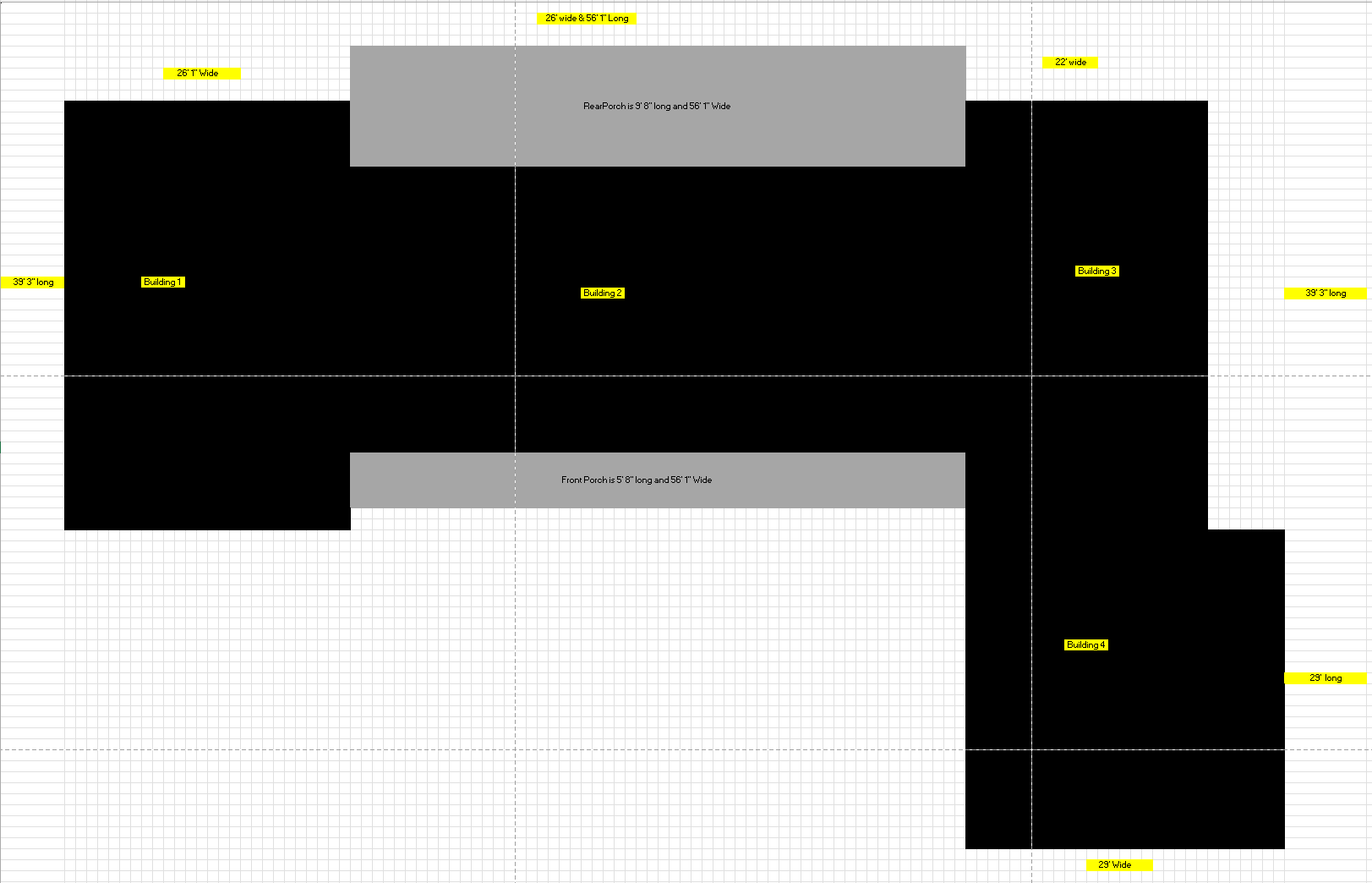 Custom floor plan showing four connected building sections with front and rear porches